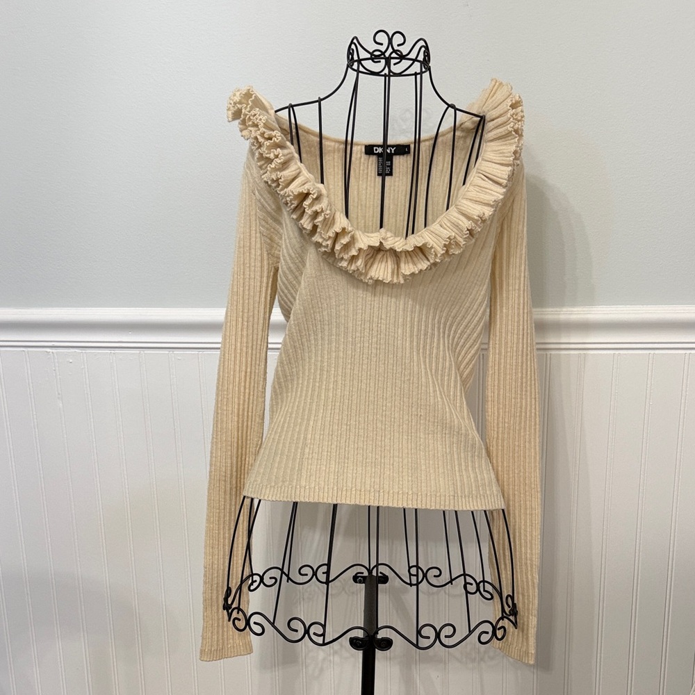 DKNY Cream Ruffled Merino Wool Sweater